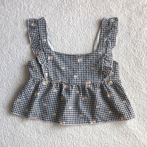 ruffly cropped gingham embroidered blouse
